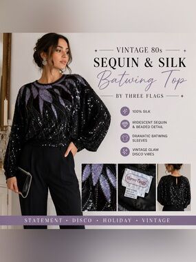 Vintage 80s Black Sequin Silk Batwing Top Iridescent Beaded Dolman Sleeve Glam